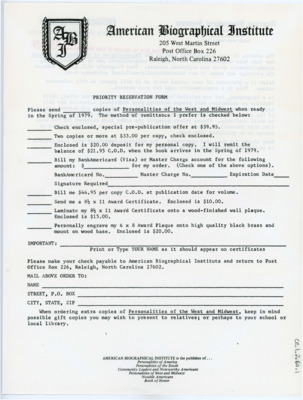 Fillable Priority Reservation Form from the American Biographical Institute