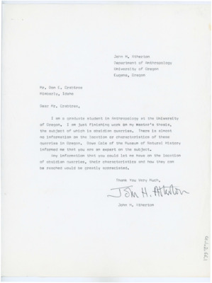Letter from John Atherton to Donald Crabtree