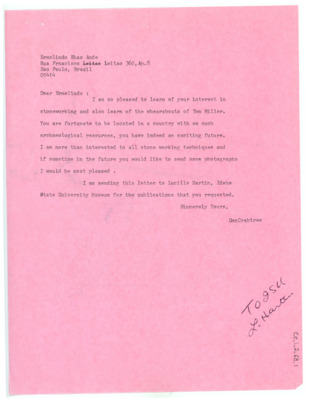 Letter from Donald Crabtree to Ermelindo Aude