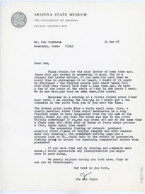 Letter from James and Joyce Ayres to Donald Crabtree with traced Clovis point