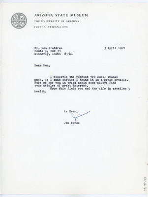 Letter from James Ayres to Donald Crabtree