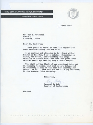 Letter to Donald Crabtree from Raymond Baby