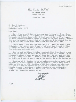 Letter from Ed Barry to Donald Crabtree
