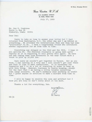 Letter from Ed Barry to Donald Crabtree