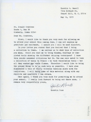 Letter from Quentin Bass to Donald Crabtree