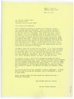 Letter from Donald Crabtree to Quentin and Aleksandra Bass