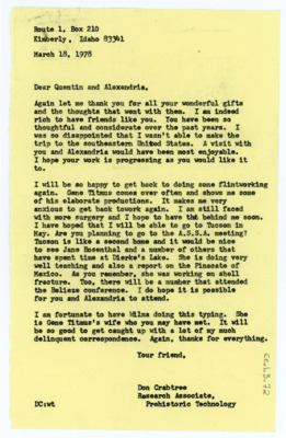 Letter from Donald Crabtree to Quentin and Aleksandra Bass