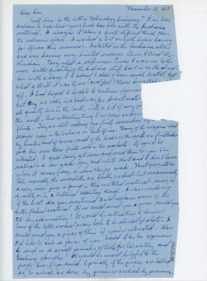Handwritten letter from James Bellis to Donald Crabtree with part of the letter cut where the stamp was, removing some of the content. Bellis asked Crabtree about his luck with working Indiana stone and detailed his work in flintknapping, then gave him some insight on the work he was doing in West Africa. He asked if Crabtree could send out some tools.