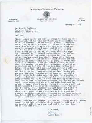 Letter from Alice Benfer to Donald Crabtree