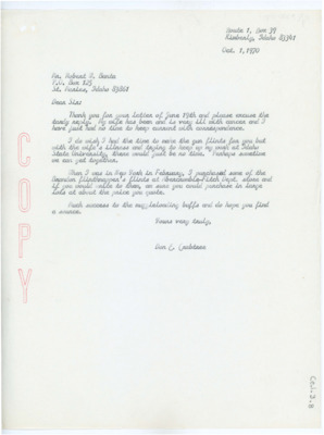 Letter from Donald Crabtree to Robert Banta