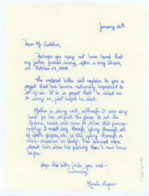 Handwritten and typewritten letter from Mardi Byers to Donald Crabtree. She wrote to tell him that her father, Douglas Byers had passed and she had attached a letter discussing the world that he had asked her to finish for him. Attached is an envelope.