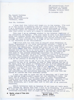 Letter from Harriet Blitzer to Donald Crabtree