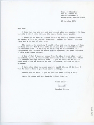 Letter from Harriet Blitzer to Donald Crabtree