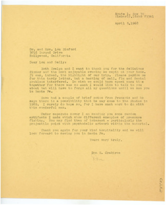 Letter from Donald Crabtree to Lou and Sally Binford