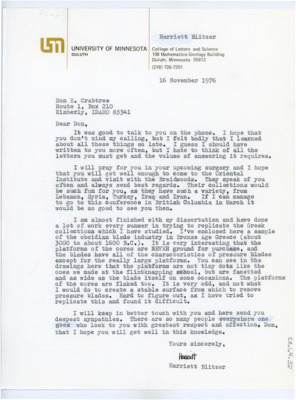 Letter from Harriet Blitzer to Donald Crabtree