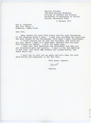 Letter from Harriet Blitzer to Donald Crabtree