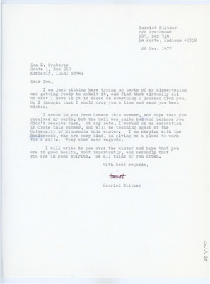 Letter from Harriet Blitzer to Donald Crabtree
