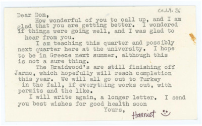 Postcard to Donald Crabtree from Harriet Blitzer