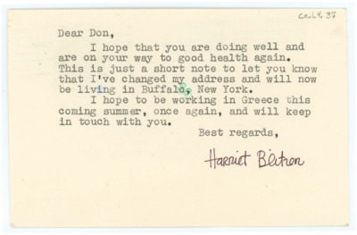 Postcard to Donald Crabtree from Harriet Blitzer