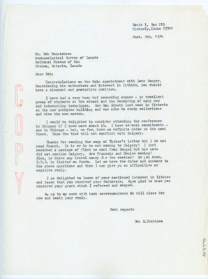Letter from Donald Crabtree to Rob Bonnichsen