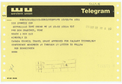 Telegram from Rob Bonnichsen to Donald Crabtree