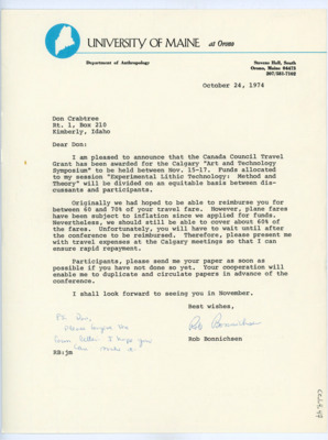 Letter from Rob Bonnichsen to Donald Crabtree
