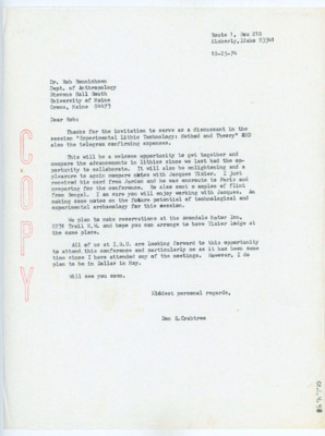 Letter from Donald Crabtree to Rob Bonnichsen
