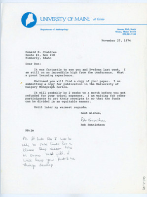 Letter from Rob Bonnichsen to Donald Crabtree