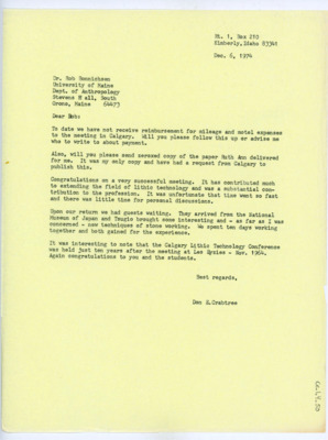 Letter from Donald Crabtree to Rob Bonnichsen