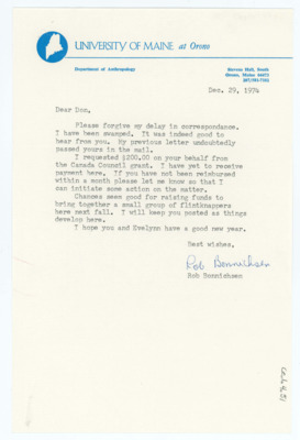 Letter from Rob Bonnichsen to Donald Crabtree