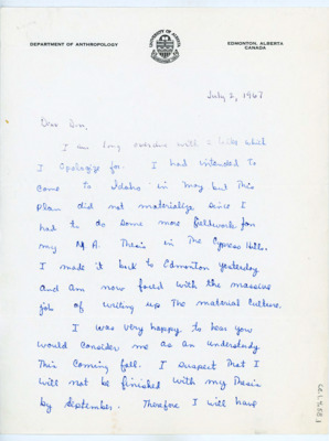 Letter from Rob Bonnichsen to Donald Crabtree