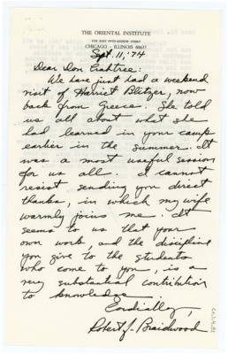 Letter from Robert Braidwood to Donald Crabtree
