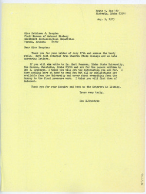 Letter from Donald Crabtree to Kathleen Bragdon