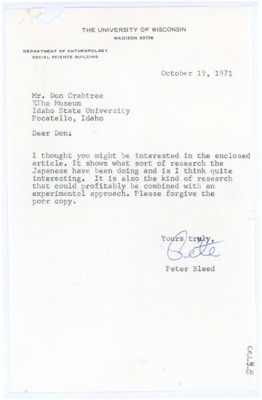 Letter from Peter Bleed to Donald Crabtree