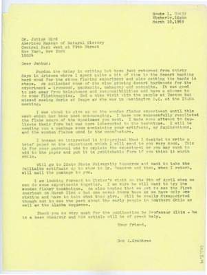 Letter from Donald Crabtree to Junius Bird