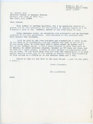 Letter from Donald Crabtree to Junius Bird