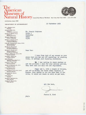 Letter from Junius Bird to Donald Crabtree
