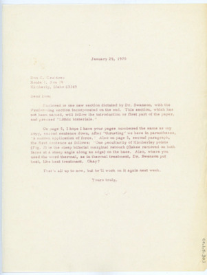 Typewritten letter from Junius Bird telling Crabtree that he has added some information for a paper they are working on together and asked him to ensure it was correct.