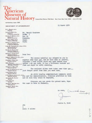 Letter from Junius Bird to Donald Crabtree