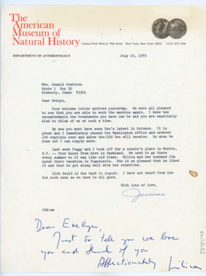 Letter from Junius Bird to Evelyn Crabtree