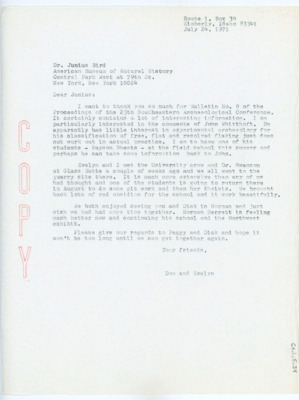 Letter from Donald Crabtree to Junius Bird