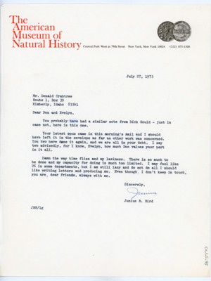 Letter from Junius Bird to Donald and Evelyn Crabtree
