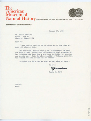 Letter from Junius Bird to Donald Crabtree