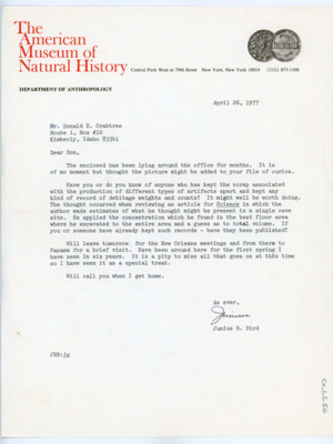Letter from Junius Bird to Donald Crabtree