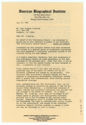 Letter from Janet Vickers to Donald Crabtree