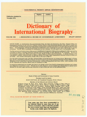 Questionnaire sheet for the Dictionary of International Biography. It has not been filled out.
