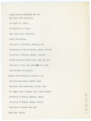 Typewritten list of activities for 1965. There are little details of what the activities are, but the locations are listed.