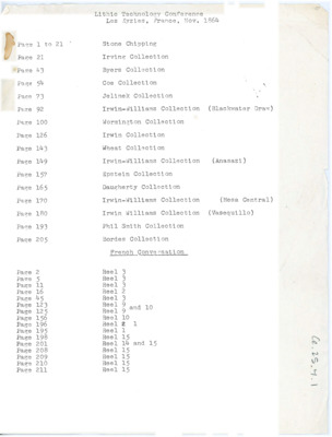 Table of contents for the Lithic technology conference in Les Eyzies, France and the archaeologist's collections.