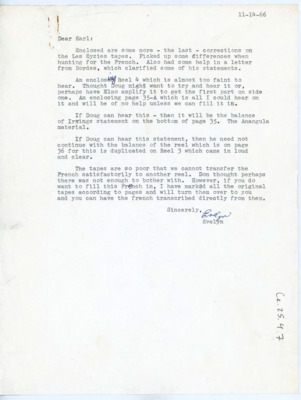 Letter discussing the edits Evelyn made to the transcript of the Les Eyzies conference. Evelyn notes the reels are too hard to hear and where balances of the reel need to occur.