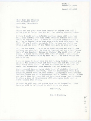 Letter from Don Crabtree to Ruth Dee Simpson